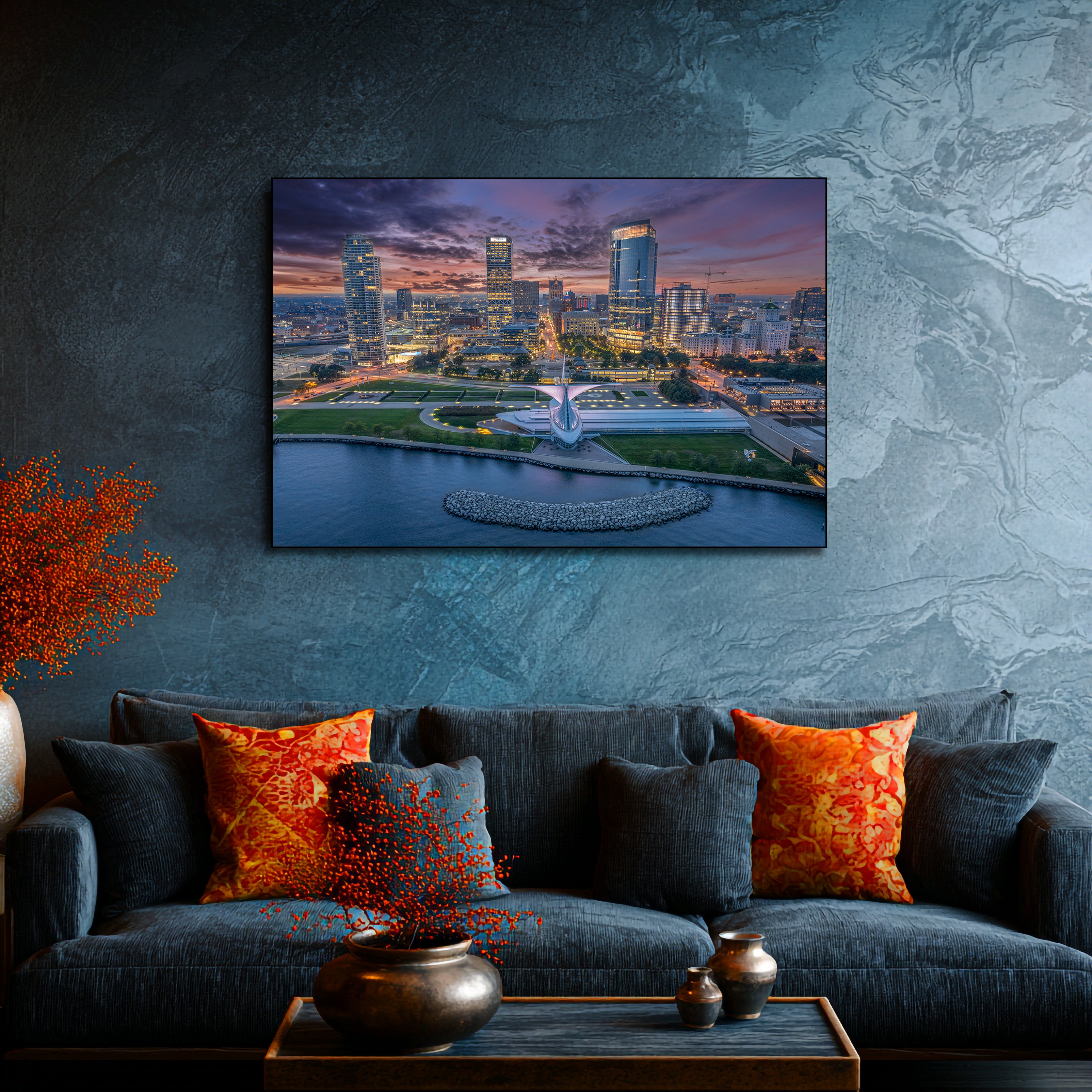 city sunset metal wall print
