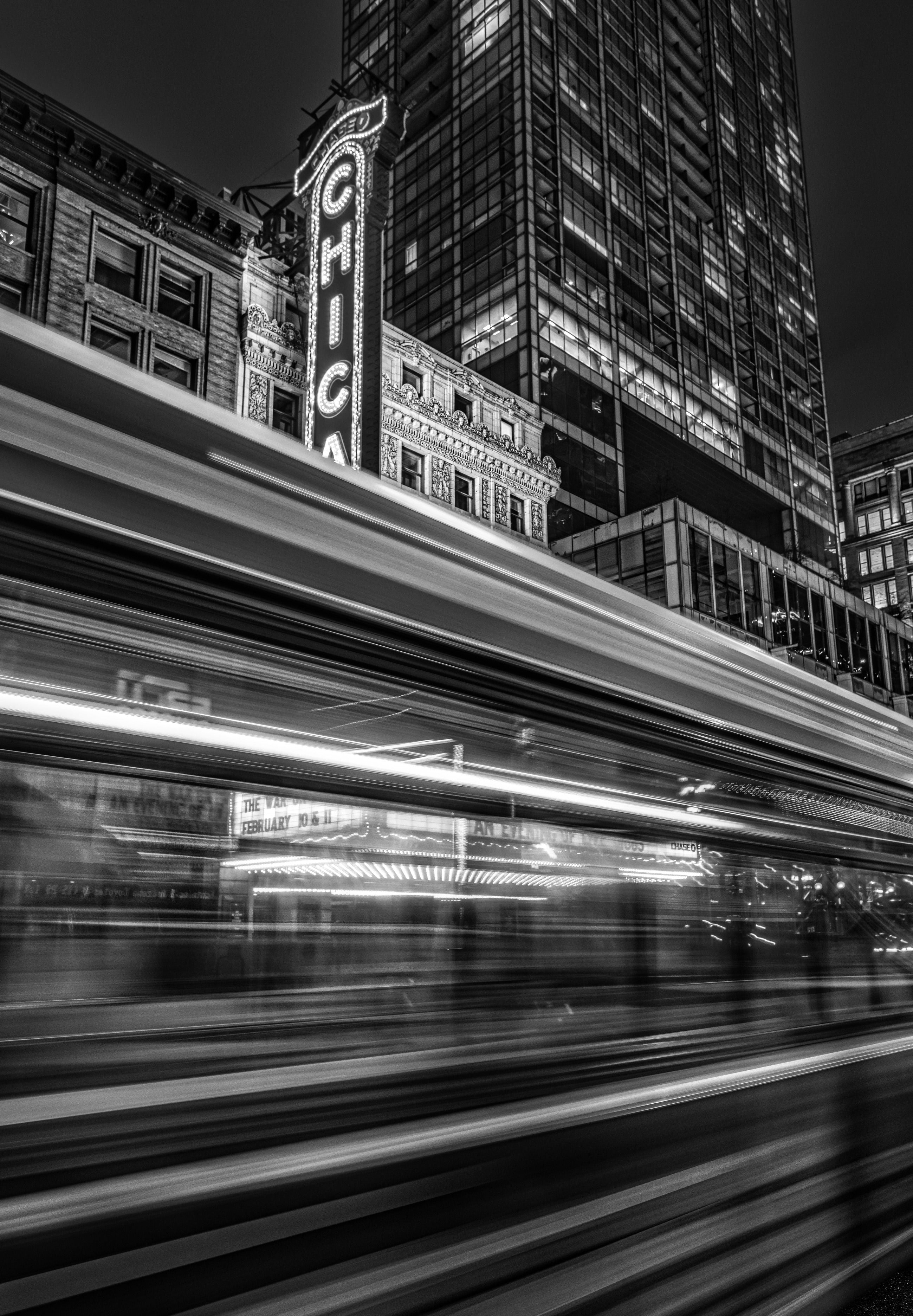 Chicago Theatre light trails wall art at night