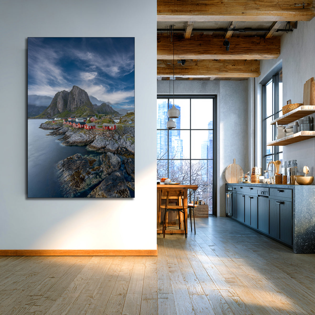 Moskenes Red Huts Wall Art | Fine Art Canvas, Acrylic & Metal Prints
