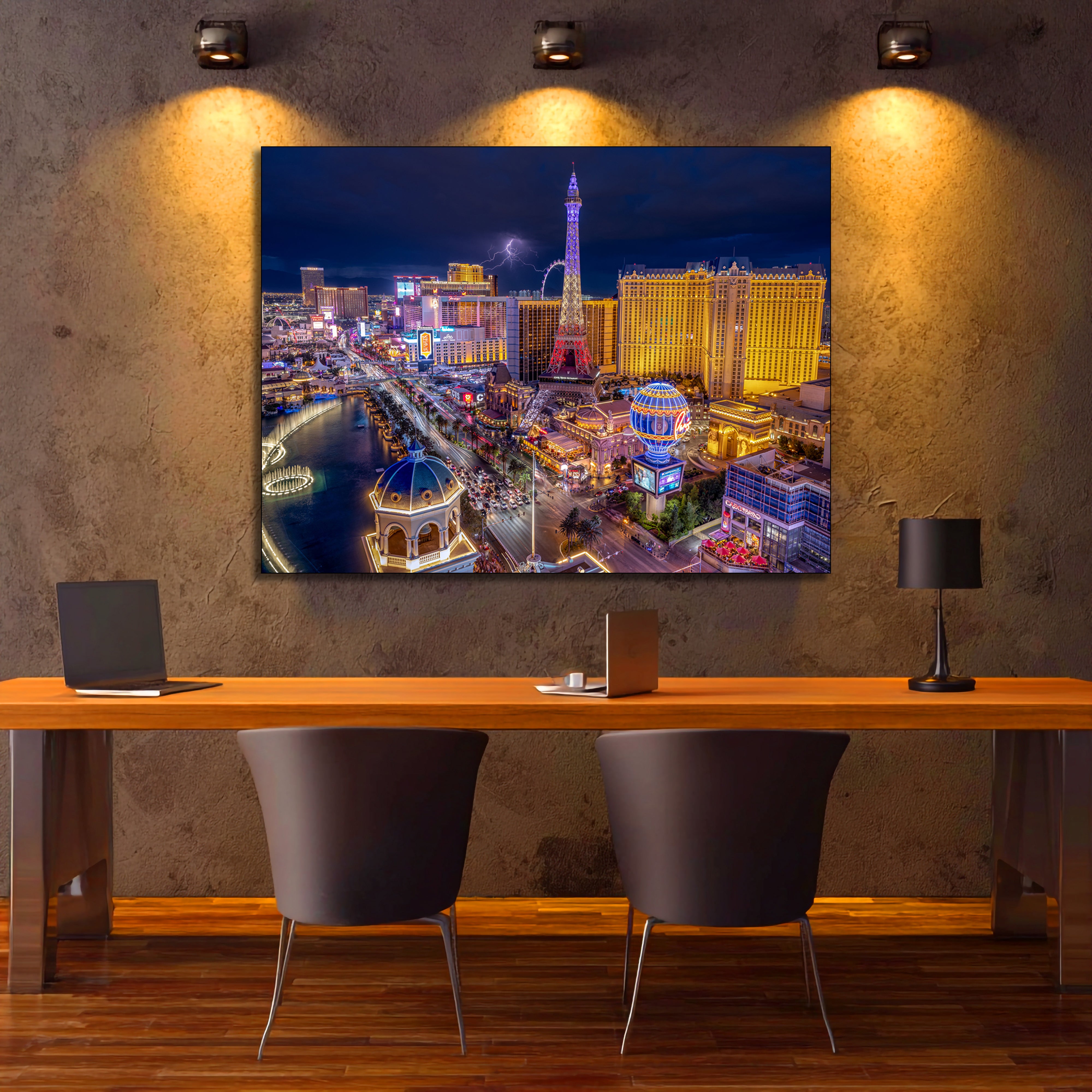 lightning cityscape metal wall print
